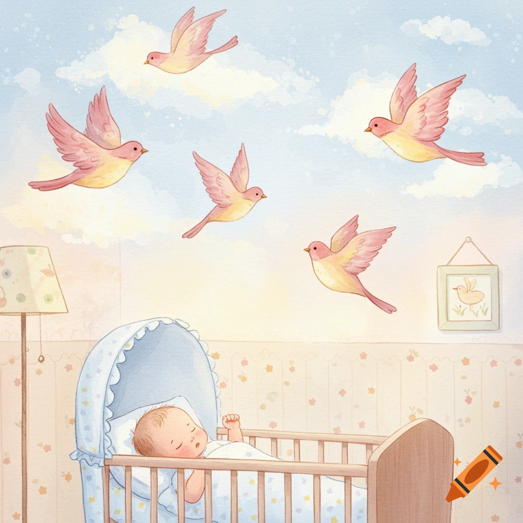 A watercolor illustration of a baby sleeping in a blue cradle with pink birds flying above, in a pastel, dreamy nursery.