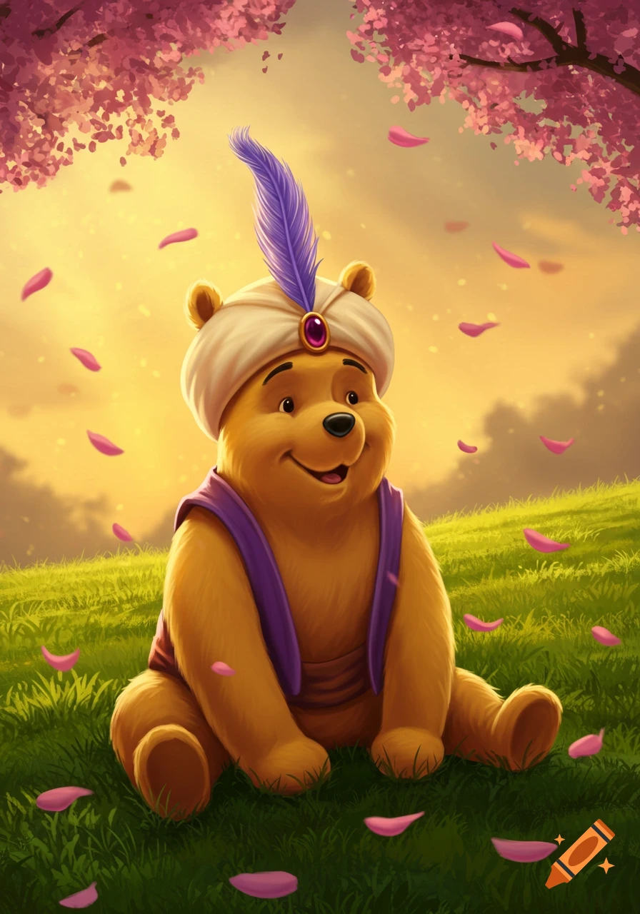 Winnie the Pooh wearing an Aladdin-style turban with a purple feather and vest, sitting in a grassy field with falling pink petals.