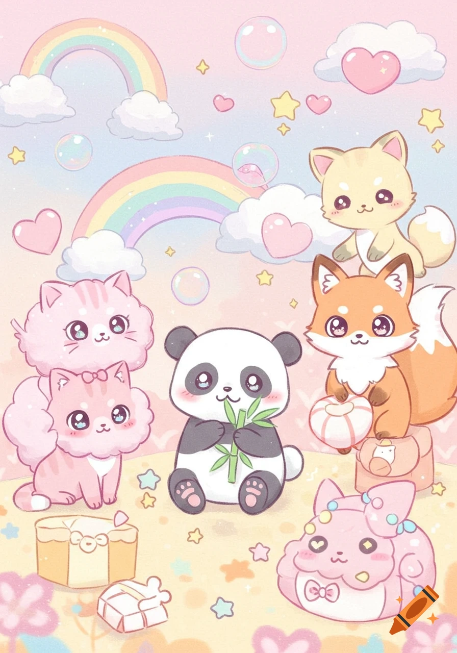 A vibrant kawaii illustration featuring several cute animals including pandas, cats, and a fox, surrounded by rainbows, clouds, bubbles, and stars.
