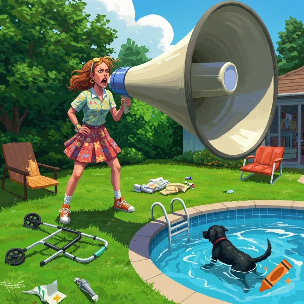 A cartoon-style illustration of an angry woman yelling into a giant megaphone in a sunny backyard with a black lab in a pool and a tipped-over walker.