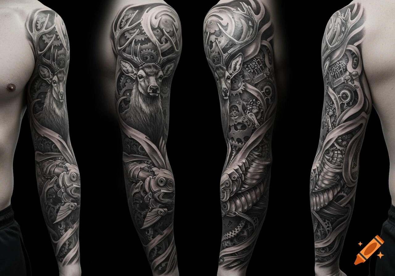 A man's full sleeve tattoo featuring a deer head and mechanical fish in a detailed black and grey style.