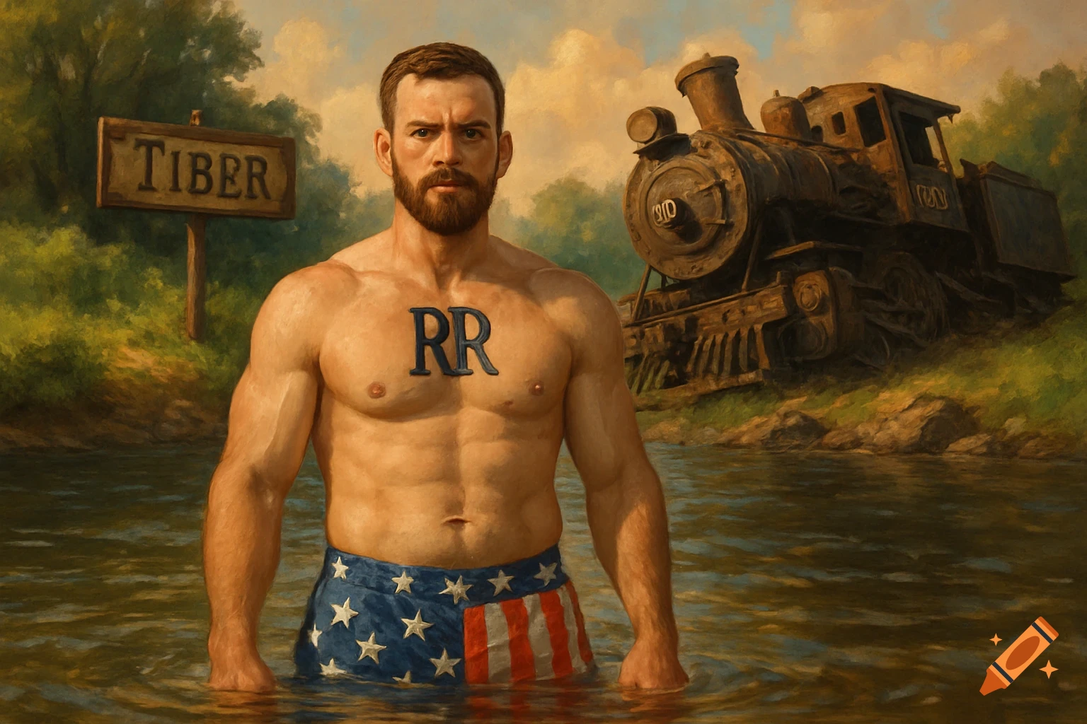 Muscular man in American flag swim trunks wading in a river, a sign reading "TIBER" and a derailed train in the background, painted art.