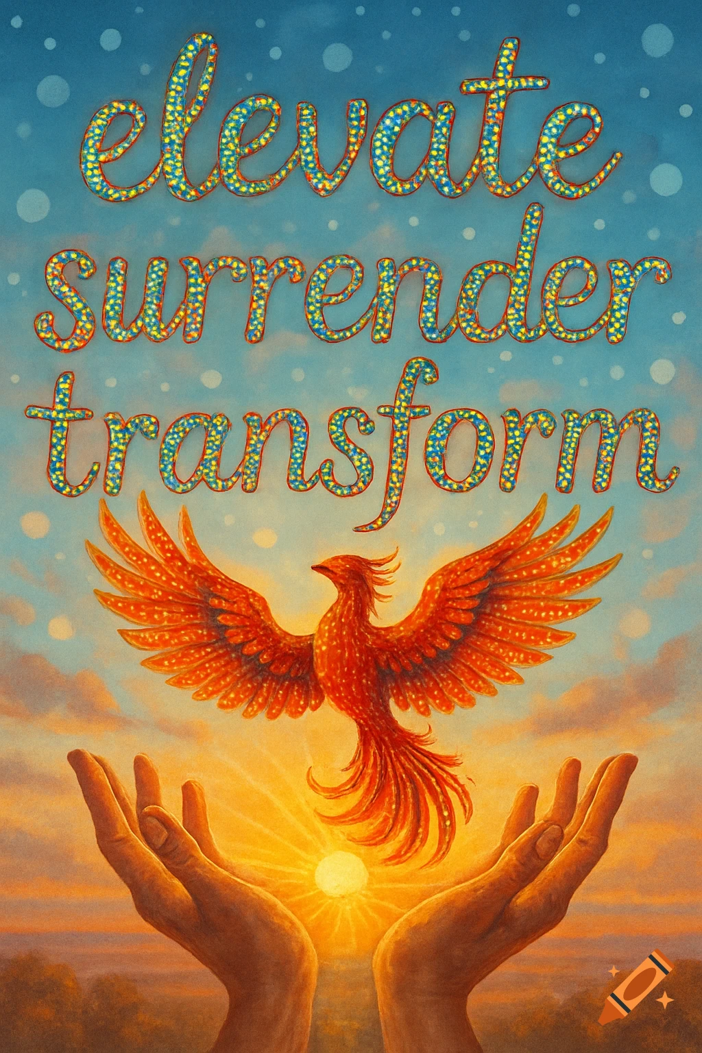 Colorful illustration of a phoenix above open hands and a sunrise, with 'elevate surrender transform' in dotted text.