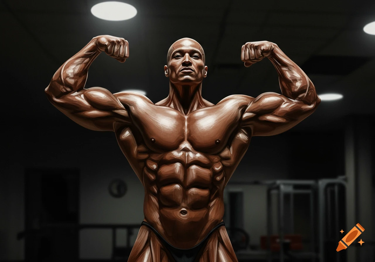 A bald, muscular man in a black speedo poses, flexing his biceps and chest muscles in a dimly lit gym setting.