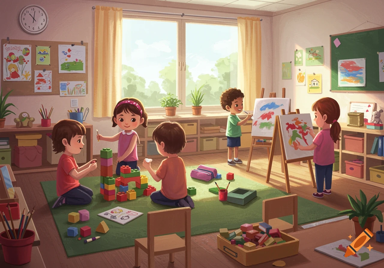 Children playing with building blocks and painting at easels in a bright, colorful classroom with large windows.