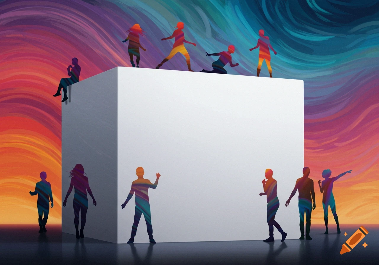Illustrative image of colorful silhouette people on and around a large white cube, against a vibrant swirling abstract background.