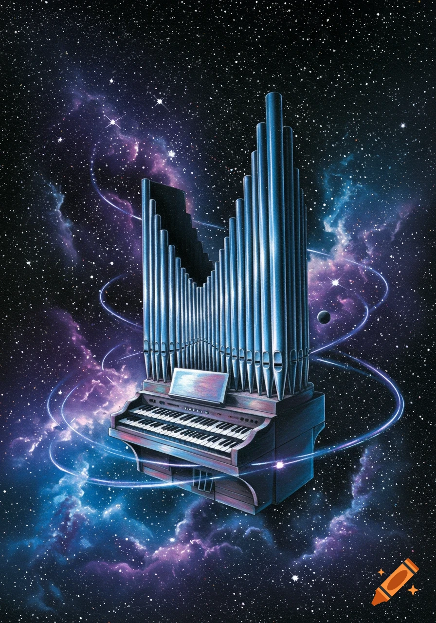 An 80s airbrush illustration of a pipe organ floating amidst colorful nebulae and stars in deep space.