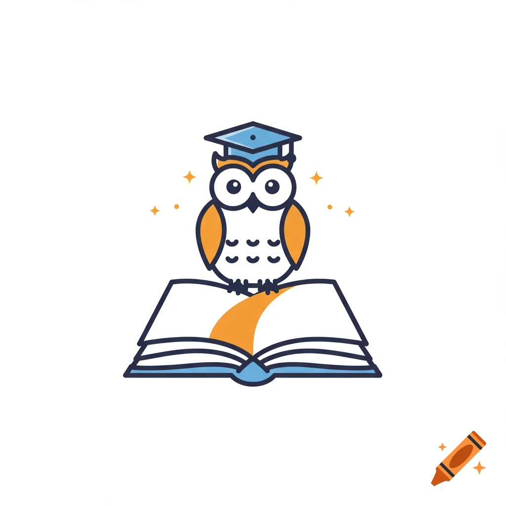 A cartoon owl wearing a graduation cap sits on an open book, in a flat design style.