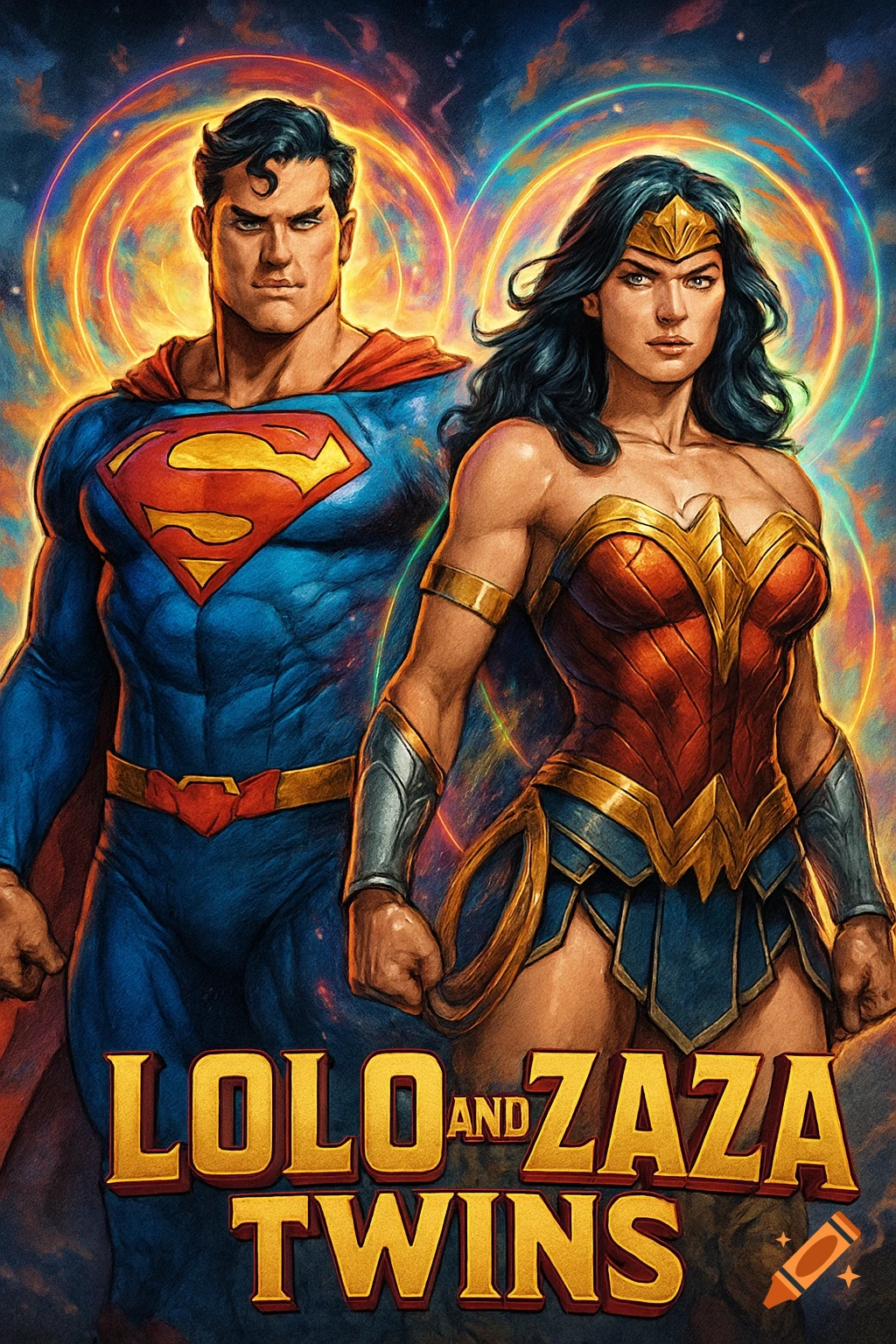 Superman and Wonder Woman in comic art style, standing side by side against a vibrant, cosmic background. Text: LOLO AND ZAZA TWINS.