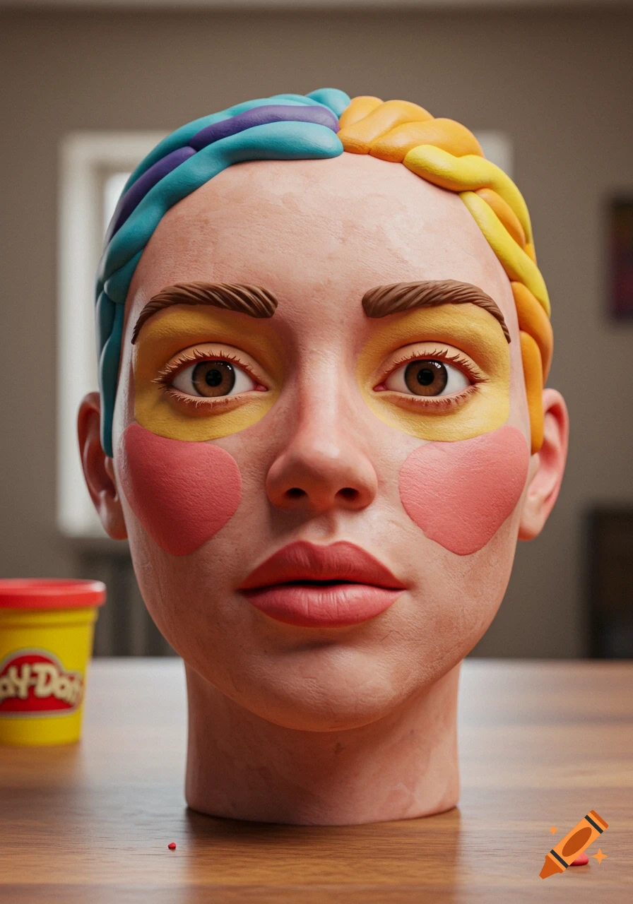 Hyper-realistic play-doh head with colorful hair and makeup, a Play-Doh container in the background.