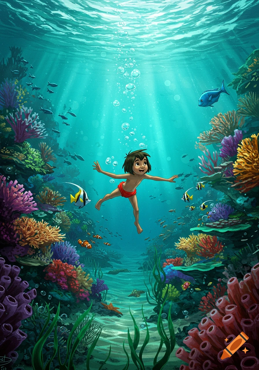 An illustrated boy resembling Mowgli swims in a vibrant coral reef with colorful fish and sunlit clear blue water.