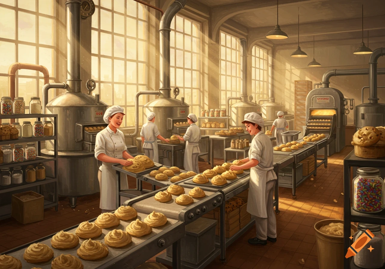 A detailed illustration of bakers in a sunlit cookie dough factory, working with machinery and trays of pastries.