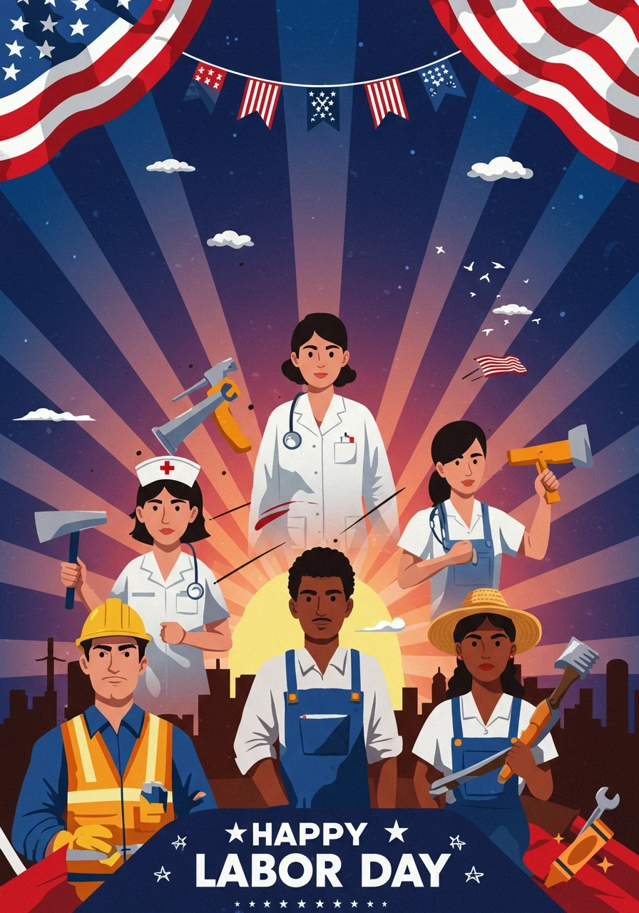 A diverse group of workers in uniform against a patriotic Labor Day background with an American flag, sun rays, and cityscape.