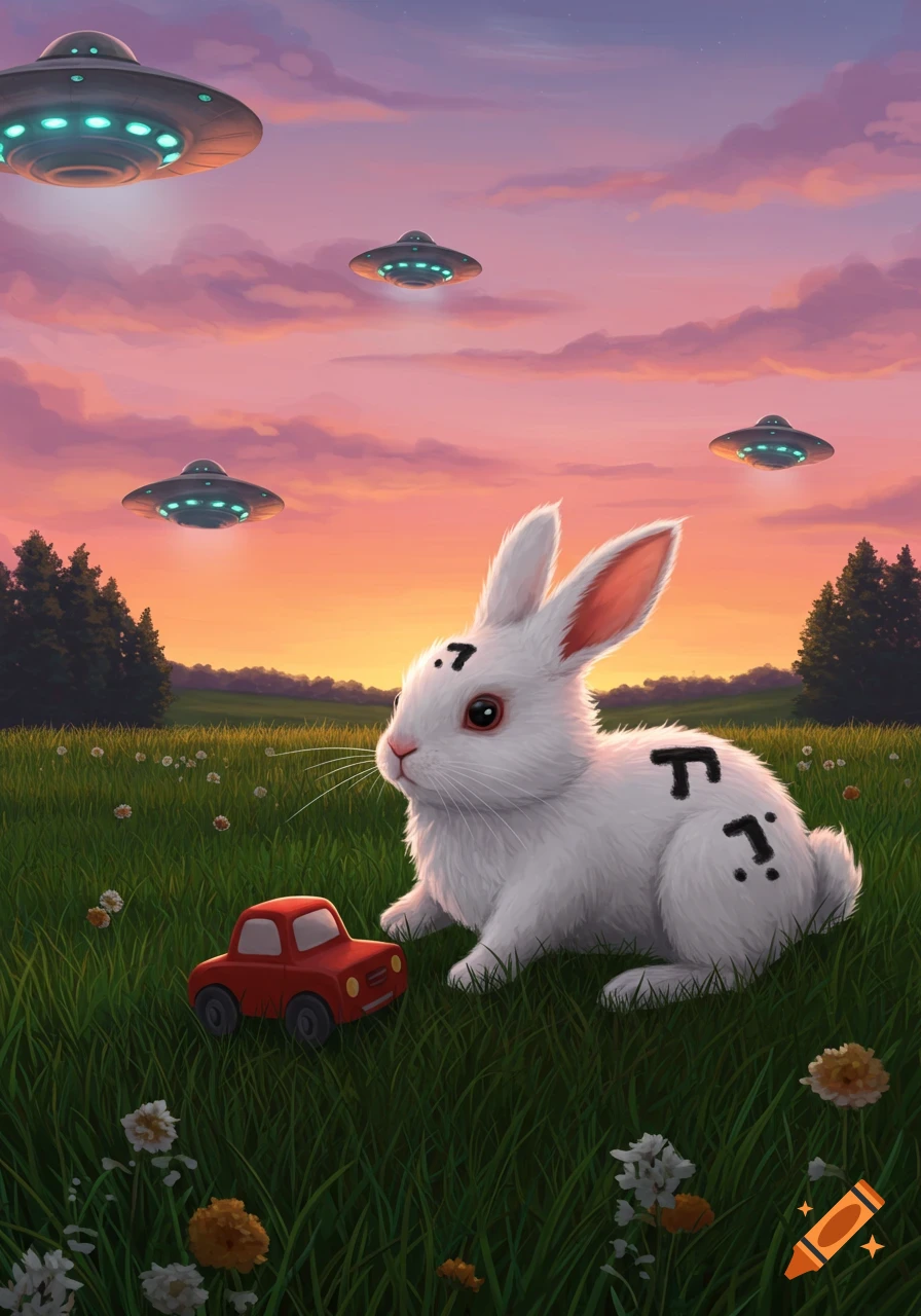 A white rabbit with black markings next to a red toy car in a grassy field, with UFOs in a pink and orange sunset sky, in a whimsical style.