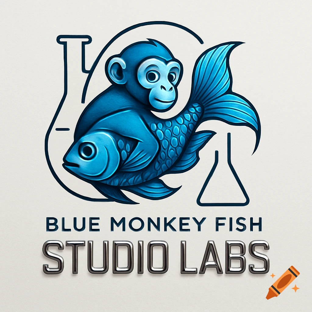 Illustrated logo of a blue monkey on a blue fish with lab glassware outlines, text 'BLUE MONKEY FISH STUDIO LABS'.