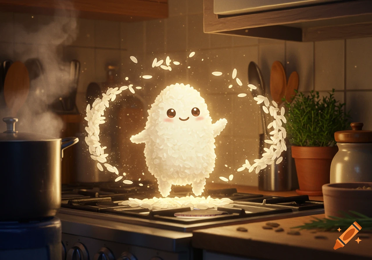 A cute, glowing anthropomorphic rice creature stands on a kitchen stovetop, surrounded by swirling rice grains.