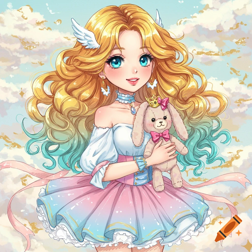 A kawaii anime girl with golden-teal hair and blue eyes, cradling a bunny plush, in a dreamy sky with clouds.