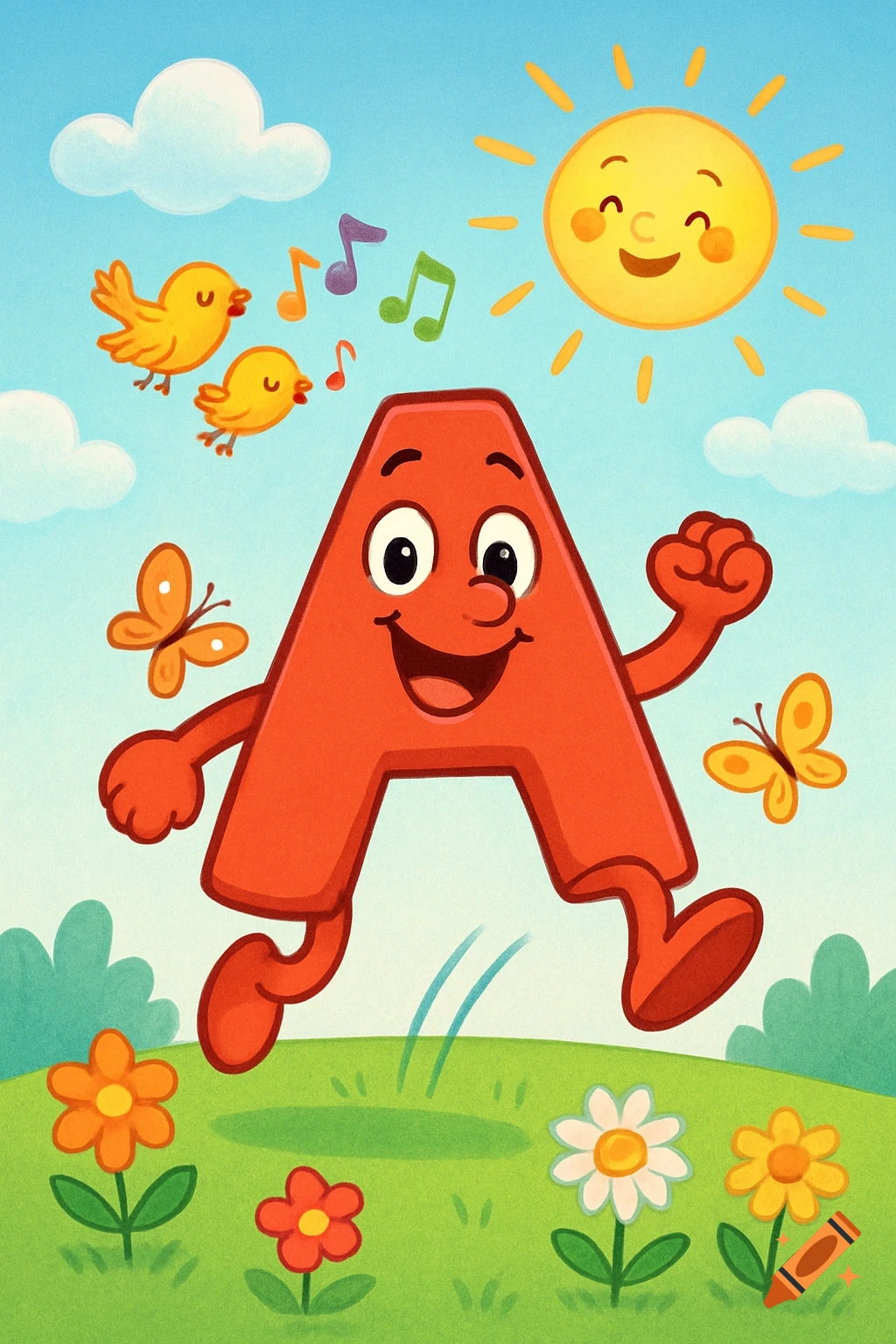 A cheerful red capital letter A with arms and legs jumps in a sunny field with flowers, butterflies, and singing birds.