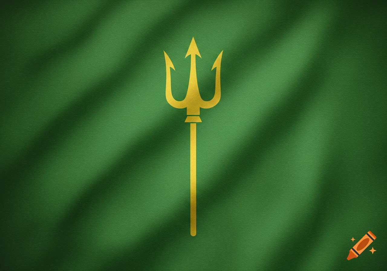 A green flag with a gold trident symbol in the center.