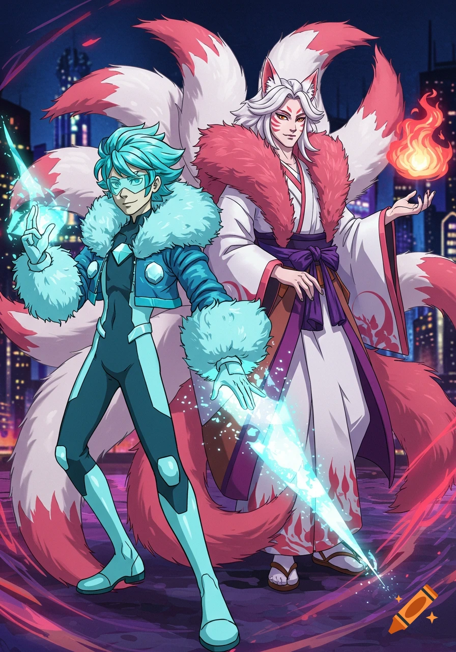 Two anime-style male superheroes with powers. One has cyan hair, a fur-collared jacket, and diamond energy. The other is a kitsune with white hair, nine tails, a kimono, and fox fire.