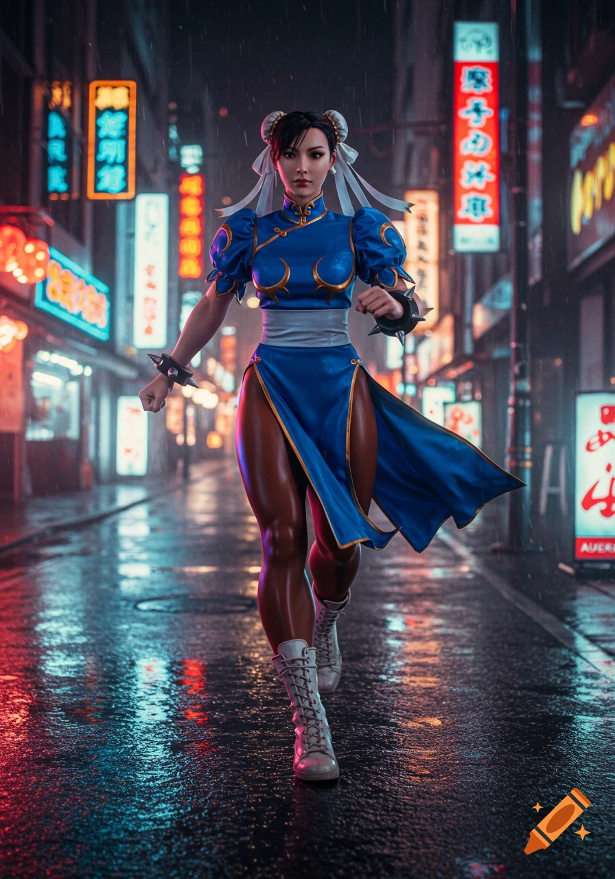 Photorealistic Chun-Li in a blue qipao and combat boots, walking powerfully on a rain-slicked neon-lit Tokyo street at night.