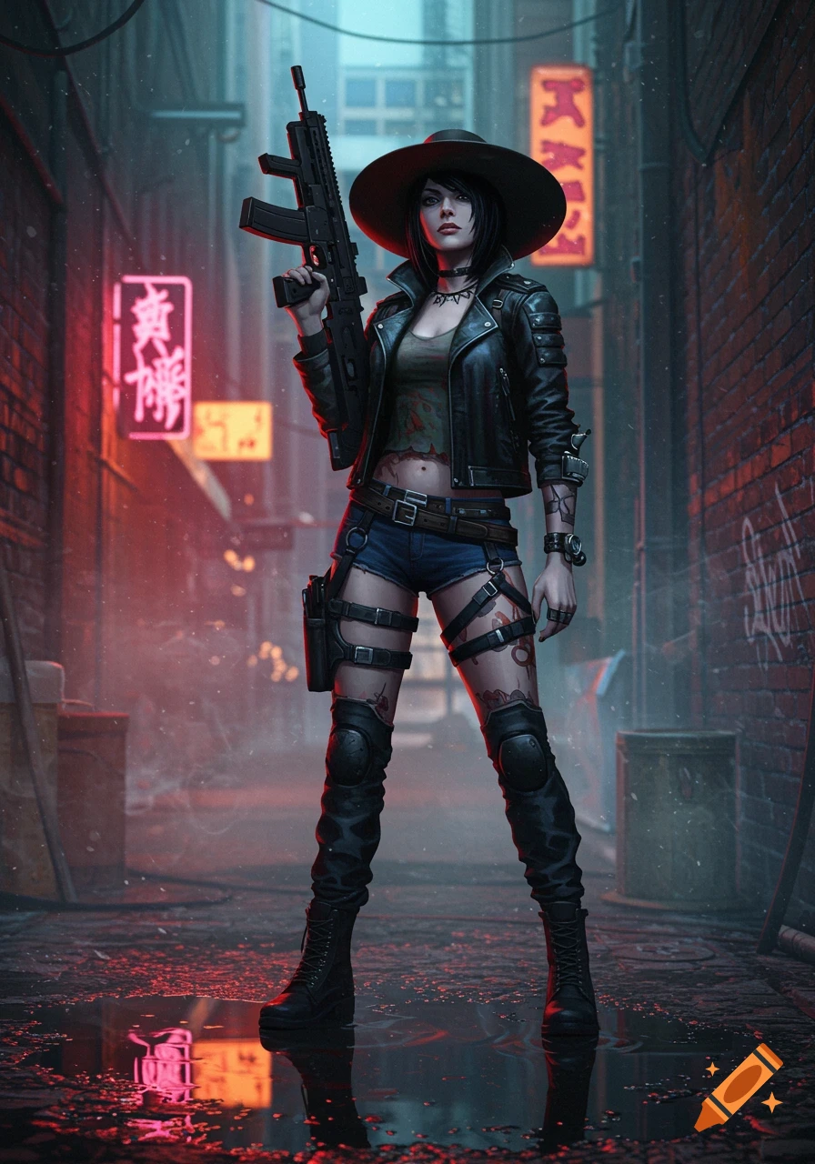 A stylized digital artwork of a woman in a wide-brimmed hat, leather jacket, and shorts, holding a rifle in a neon-lit, wet alleyway.
