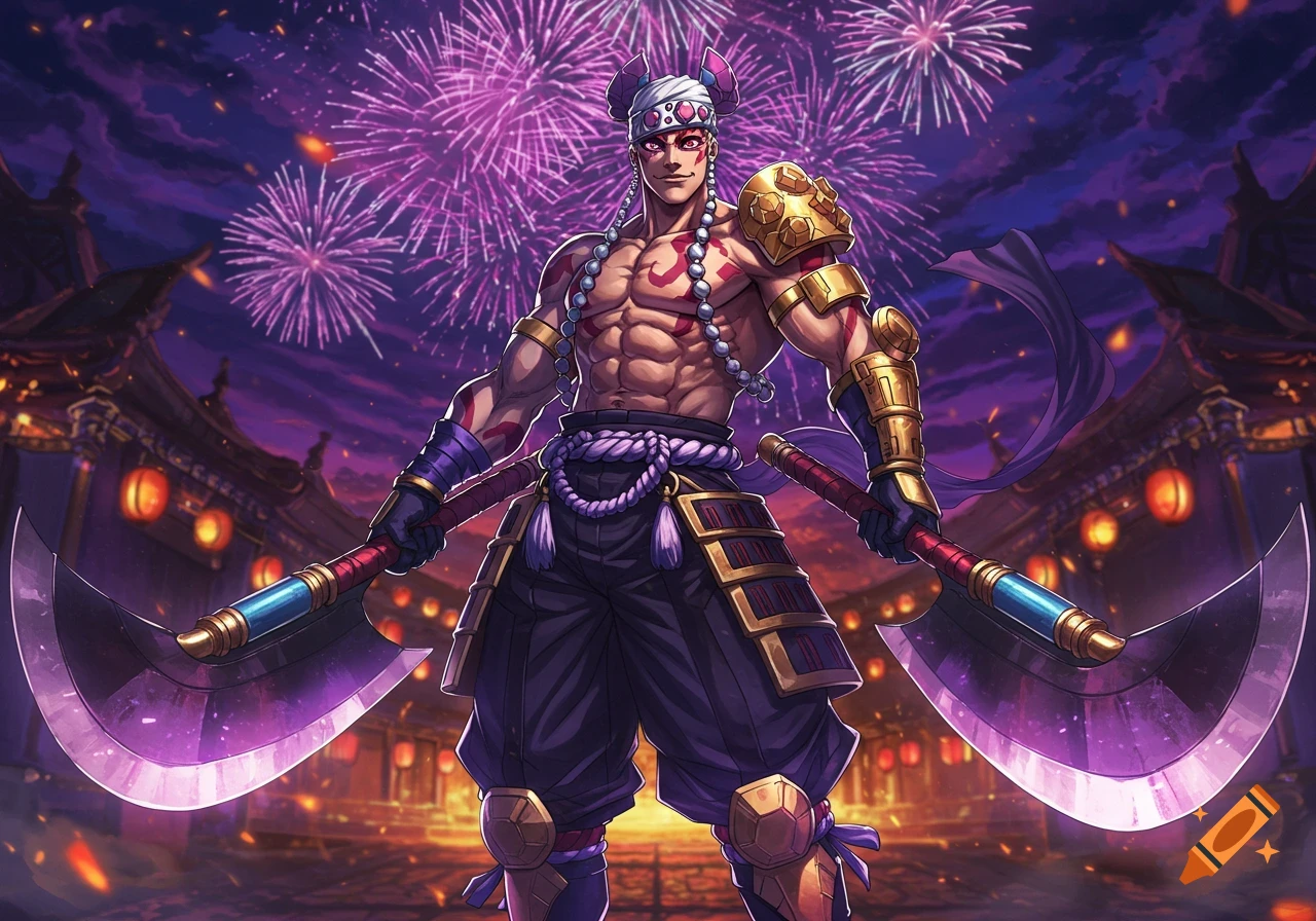 Muscular anime character, Tengen Uzui, stands shirtless with two large axes, against a night sky filled with purple fireworks and traditional Japanese buildings.