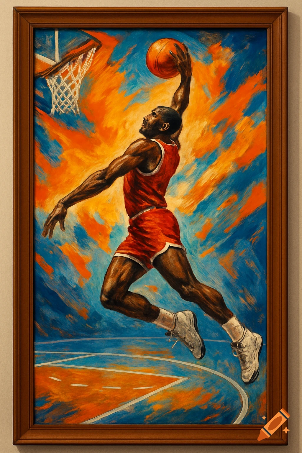 A framed painting depicts a basketball player in a red jersey mid-dunk, against a vibrant orange and blue abstract background.