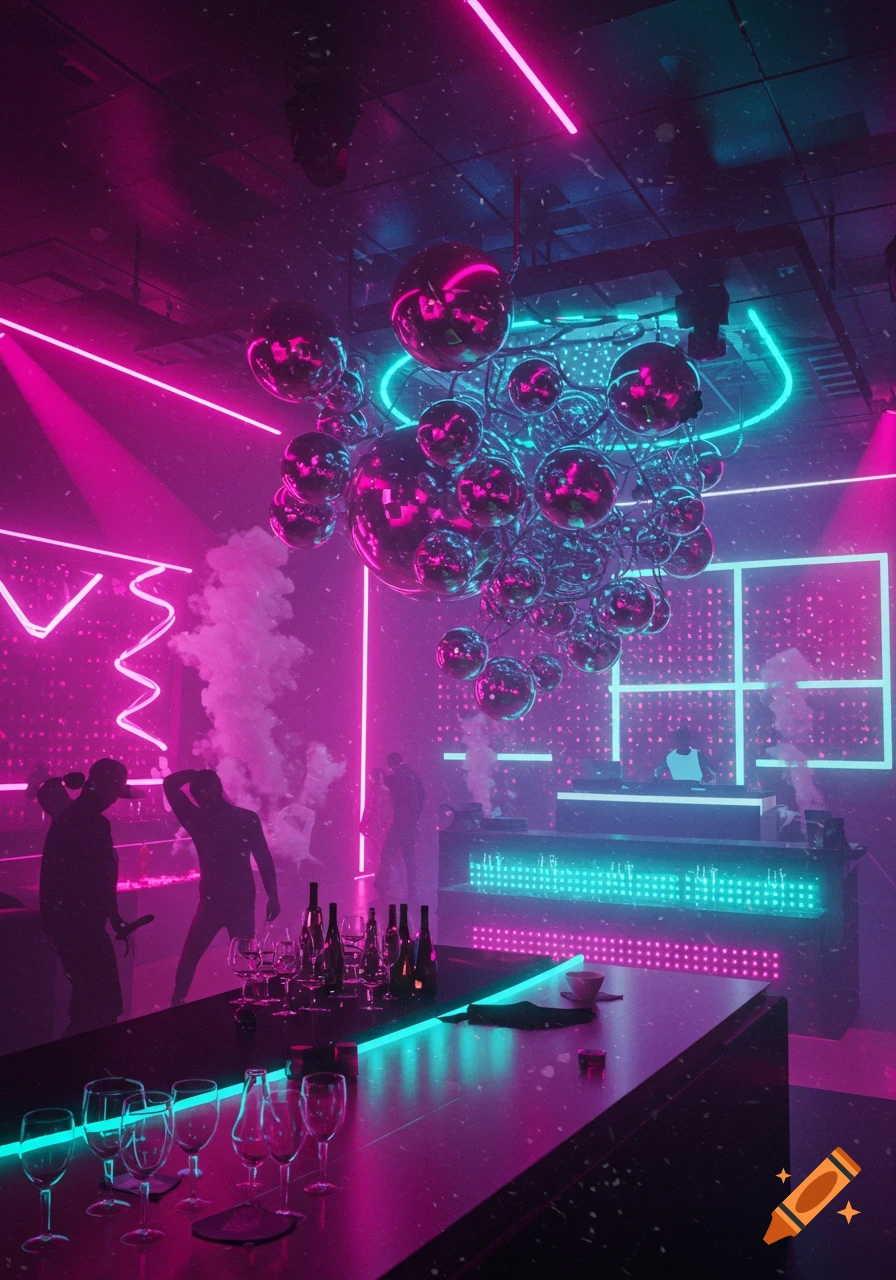 Vibrant modern urban nightclub with pink and teal neon lights, people dancing, a DJ booth, and a bar with drinks.