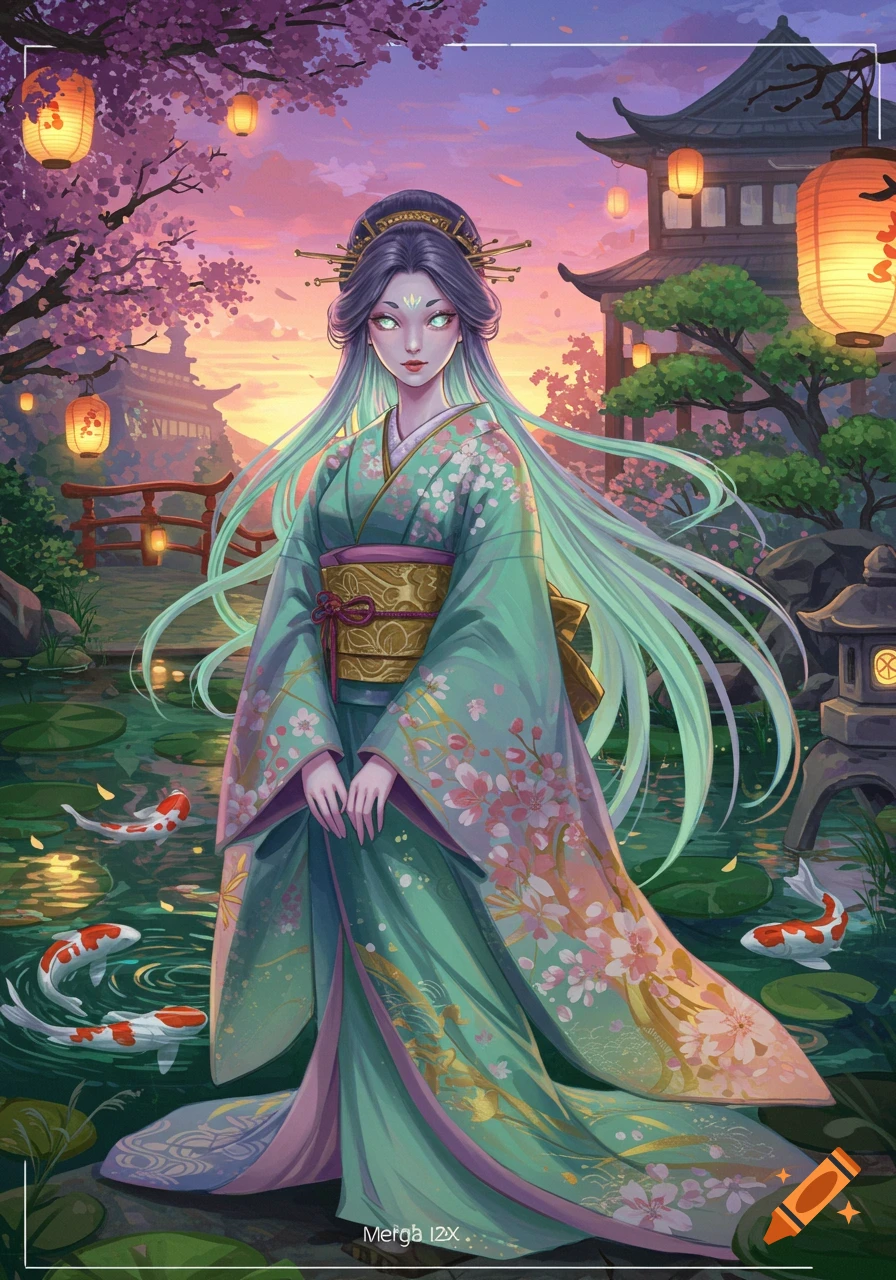 A stylized woman with glowing eyes and long mint-colored hair, wearing a green kimono adorned with cherry blossoms, stands by a koi pond with a traditional Japanese temple in the background at sunset.