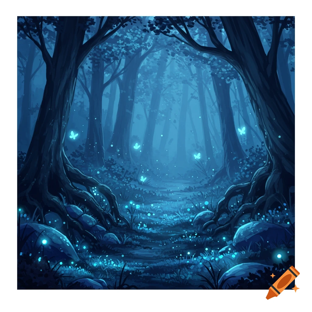 A mystical fantasy forest at night, with dark blue trees, exposed roots, a winding path, and glowing blue flowers and butterflies illuminating the scene.