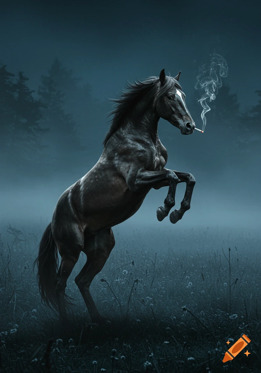 A powerful dark horse rears in a misty field, a lit cigarette held in its mouth, with dark trees in the background, photorealistic style.