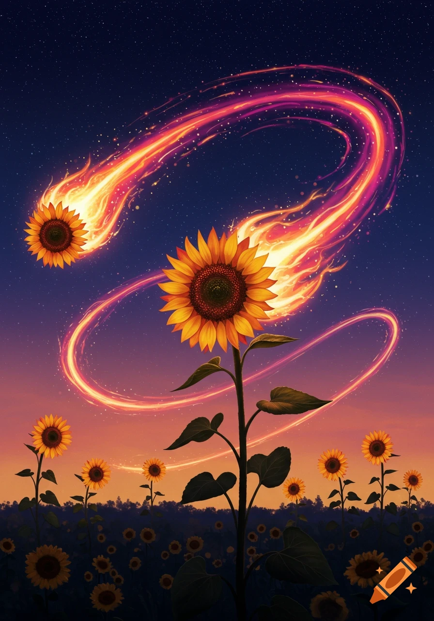 Fantastical illustration of fiery sunflowers with comet-like trails streaking across a starry night sky above a sunflower field at dusk.