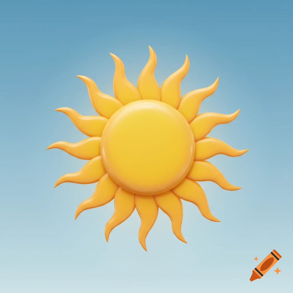 A stylized 3D rendered yellow sun icon with wavy rays against a light blue sky.