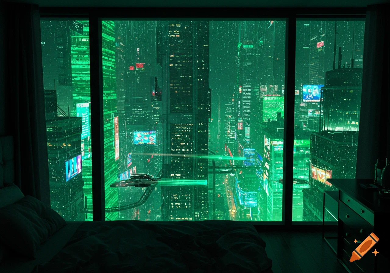 A dark bedroom overlooks a vibrant green and black cyberpunk city with rain and flying vehicles.