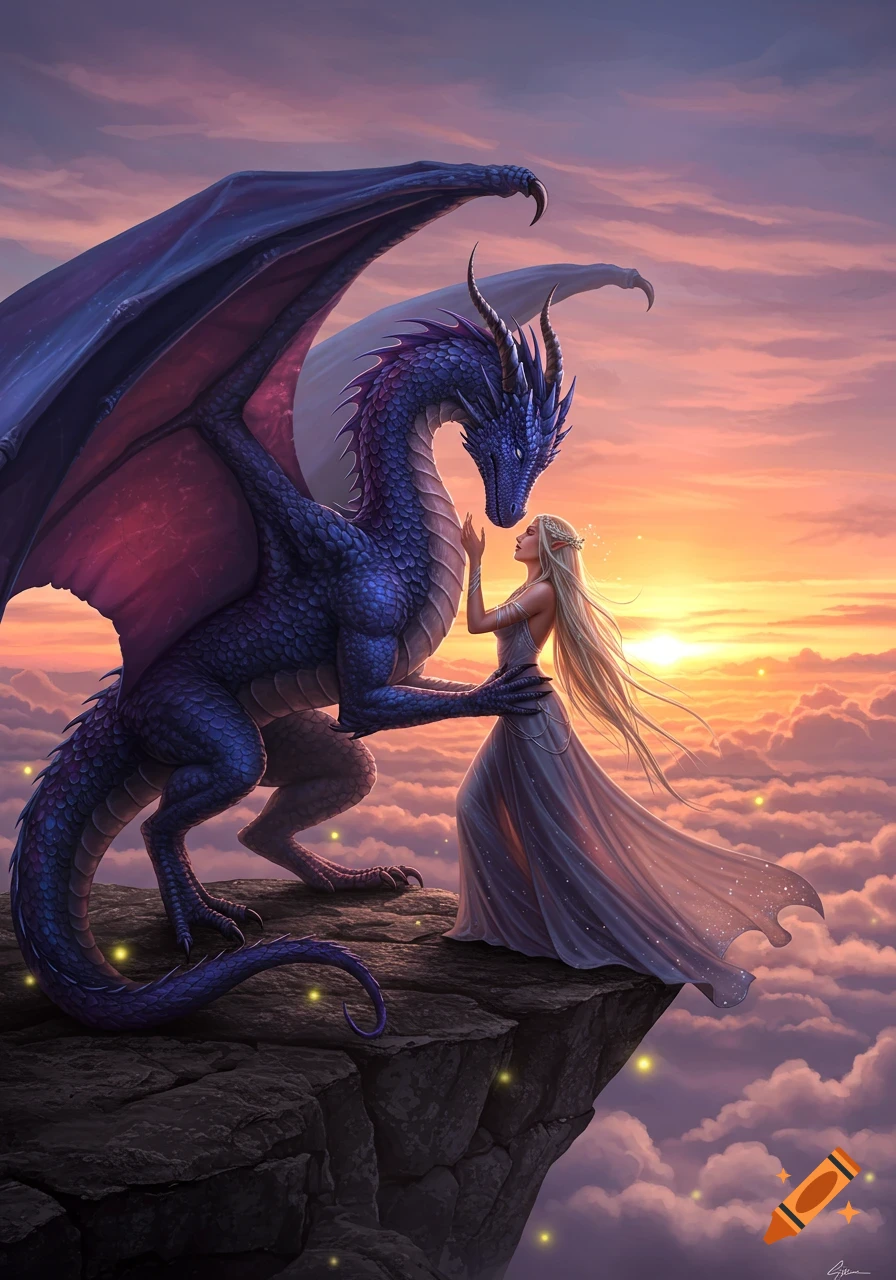 A blonde woman in a flowing dress gently touches the snout of a large blue dragon on a cliff overlooking a sunset sky filled with clouds.