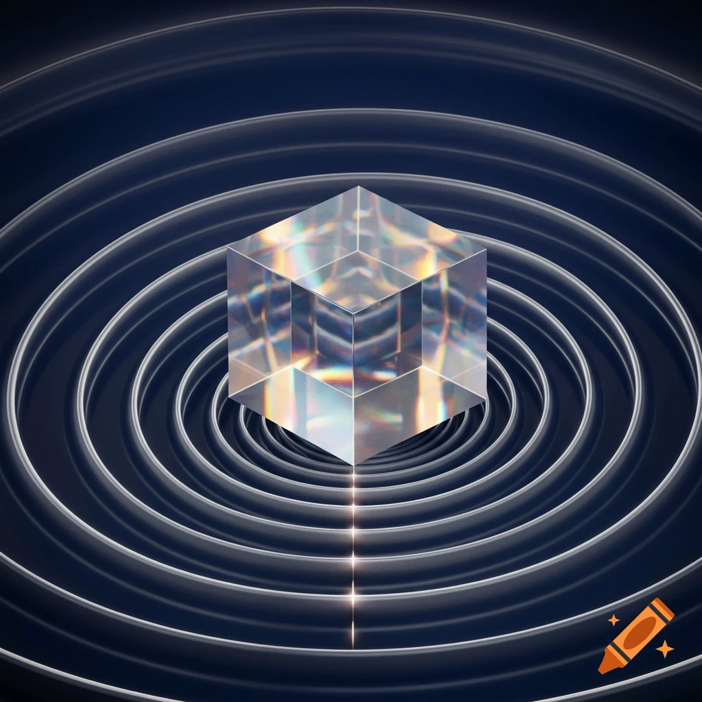 A translucent, iridescent cube surrounded by concentric dark circles with a light beam below it. Abstract, geometric style.