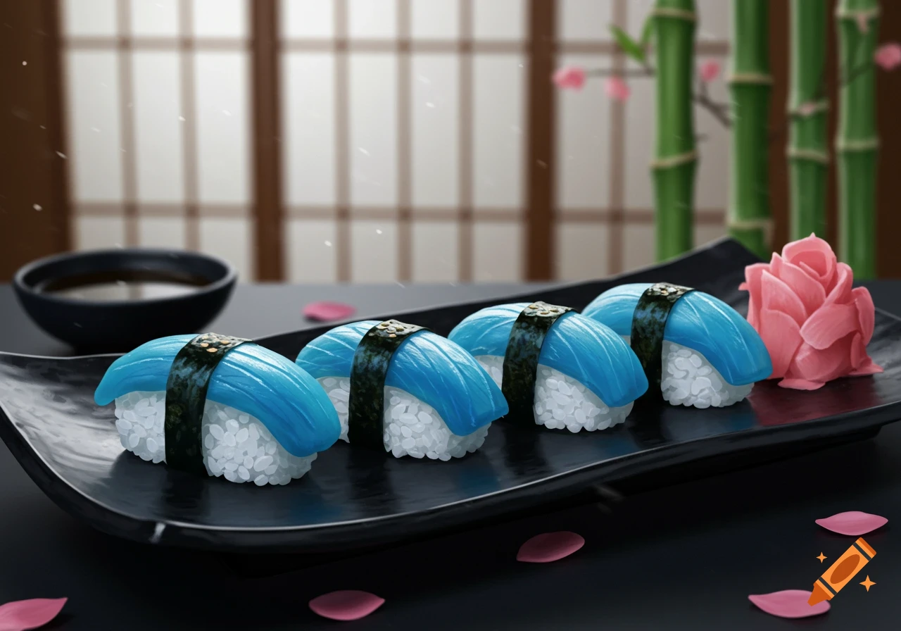Blue sushi nigiri on a black platter with ginger, soy sauce, and bamboo in the background.