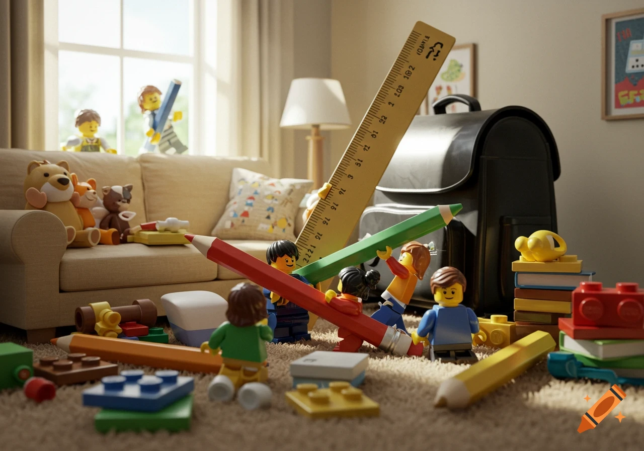 Lego minifigures play with oversized pencils and a ruler on a carpeted floor in a sunlit living room with a couch and backpack.