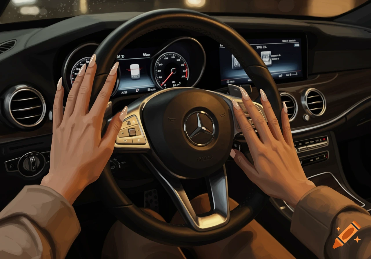 Close-up illustration of a person's hands with long stiletto nails on the steering wheel of a luxury Mercedes-Benz car.