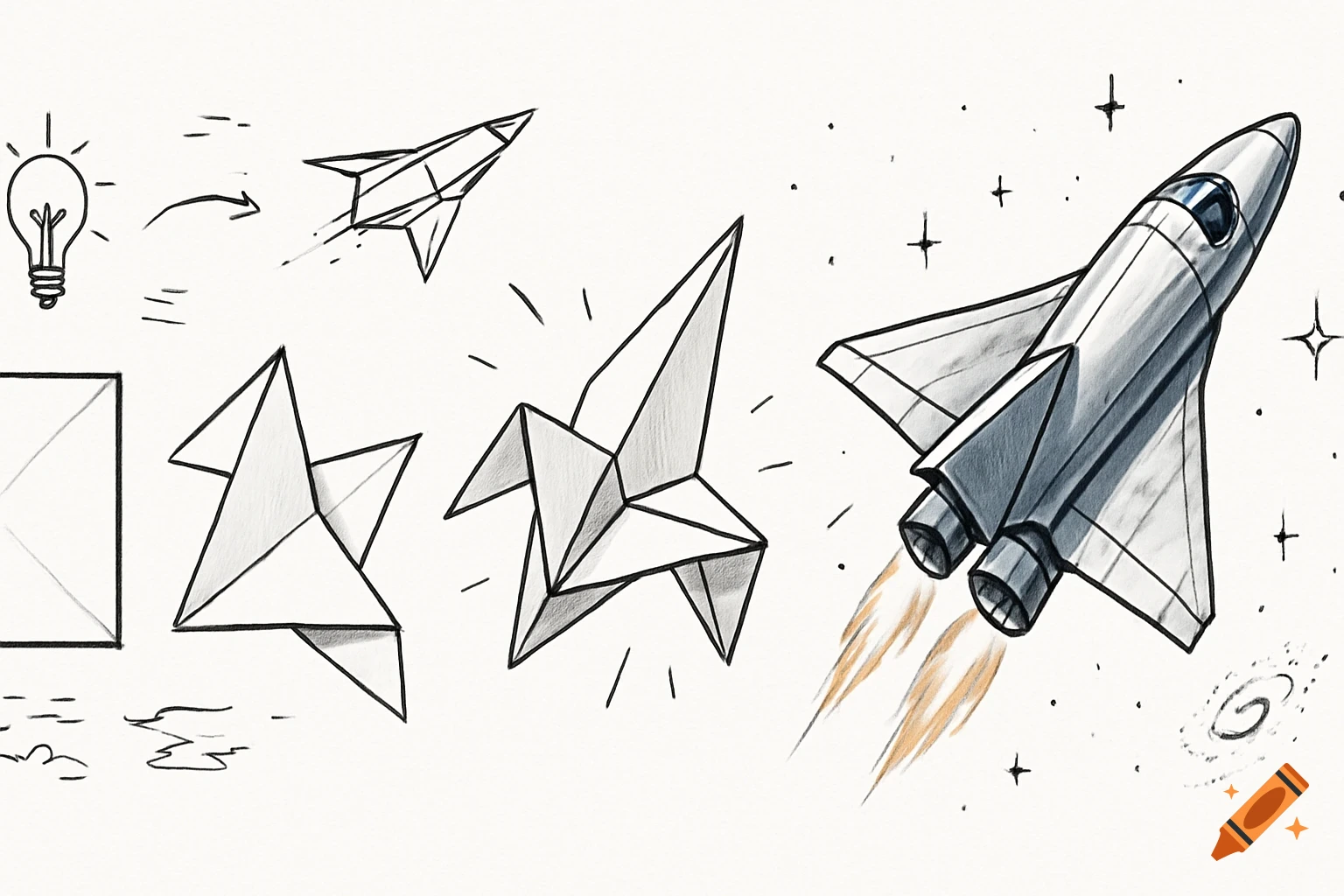 Illustrated diagram showing the progression from an idea (lightbulb) and paper origami into a space rocket blasting off.