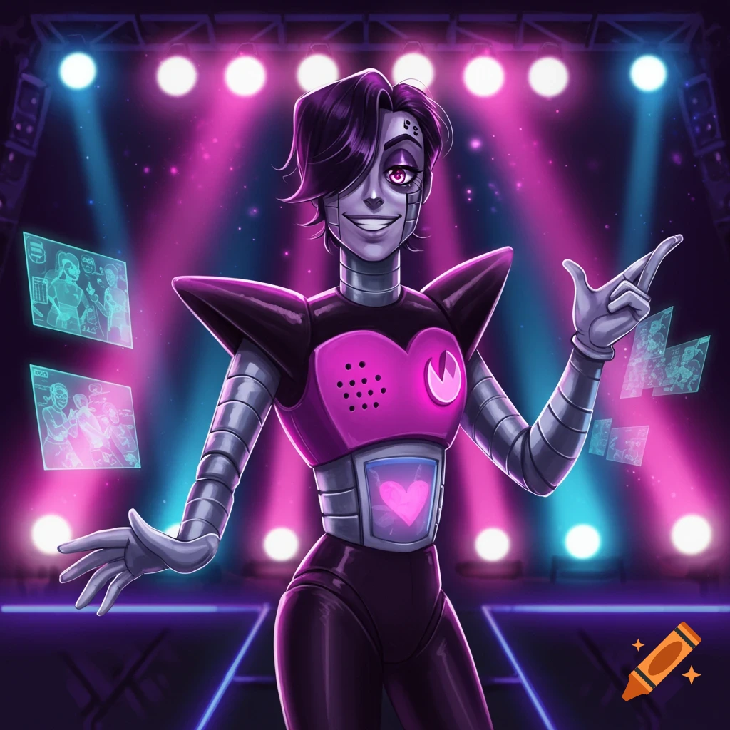 Mettaton, a purple robot character, poses on a stage with bright pink and blue spotlights and floating holographic screens.
