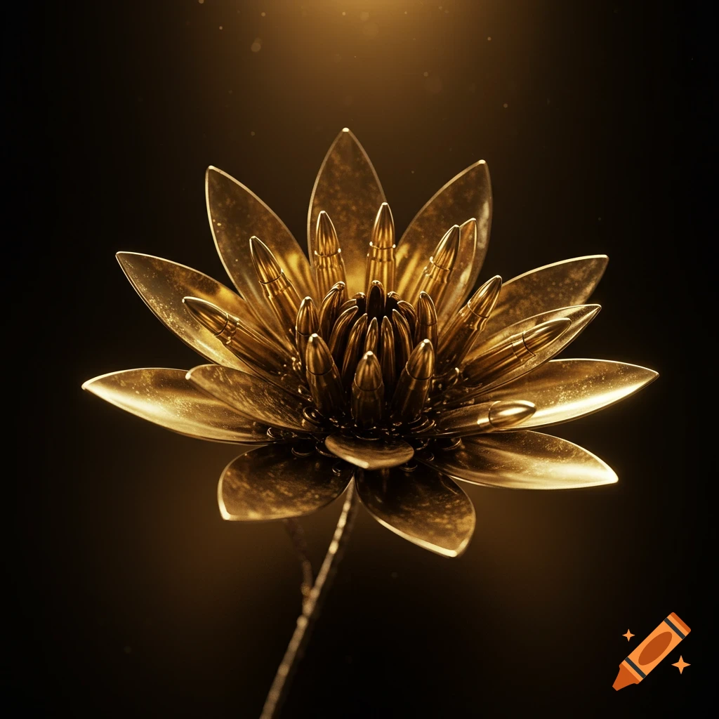 A golden lotus flower made entirely of bullets on a dark background with golden light above.