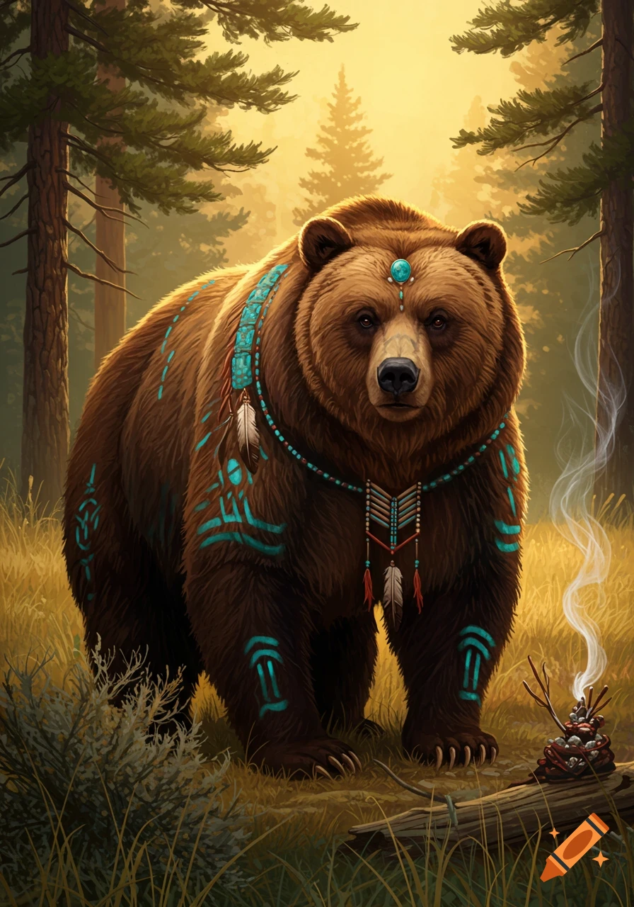 Brown bear with turquoise tribal markings and a feather necklace stands in a sunlit forest with a smoking campfire.