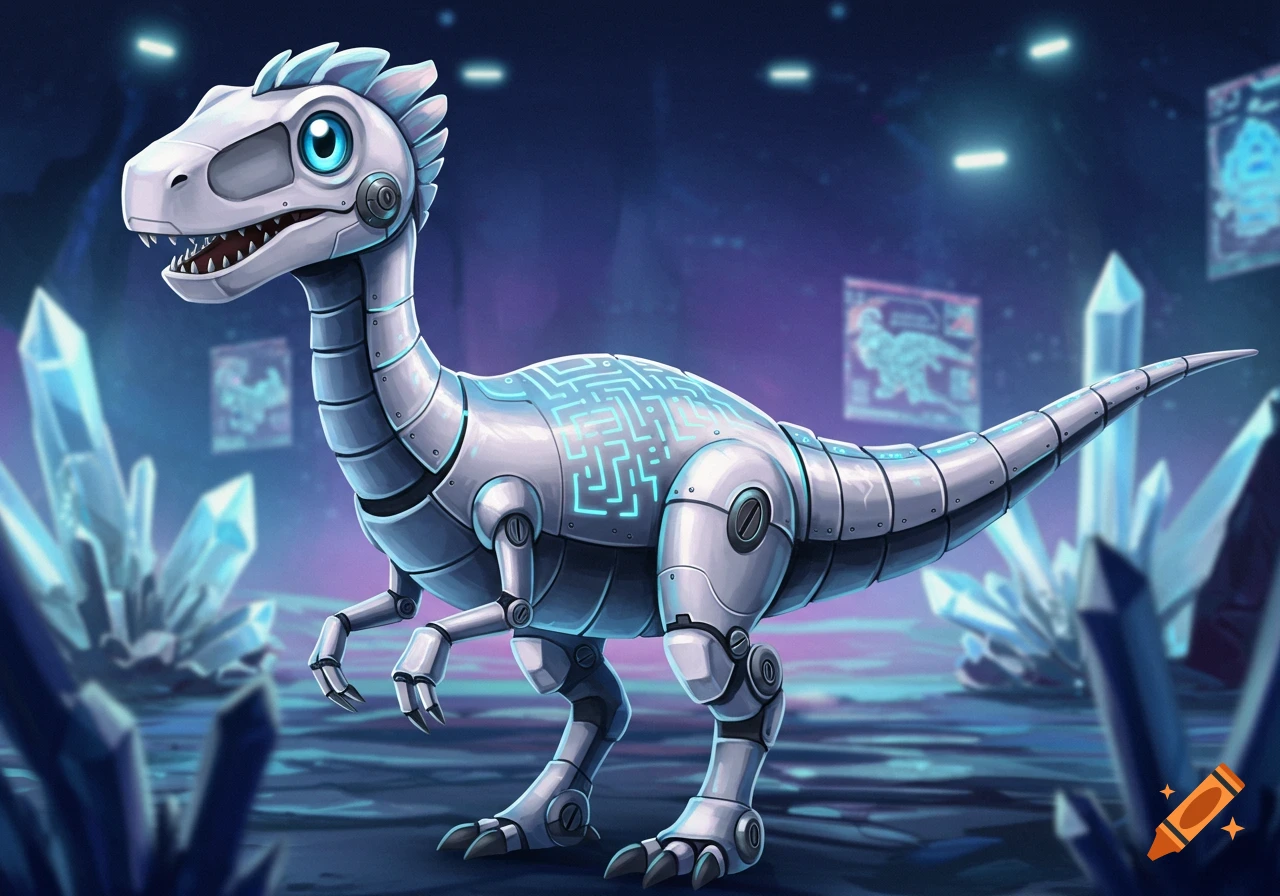 A friendly robotic deinonychus with a glowing blue maze pattern on its back stands amidst blue crystals in a futuristic digital illustration.