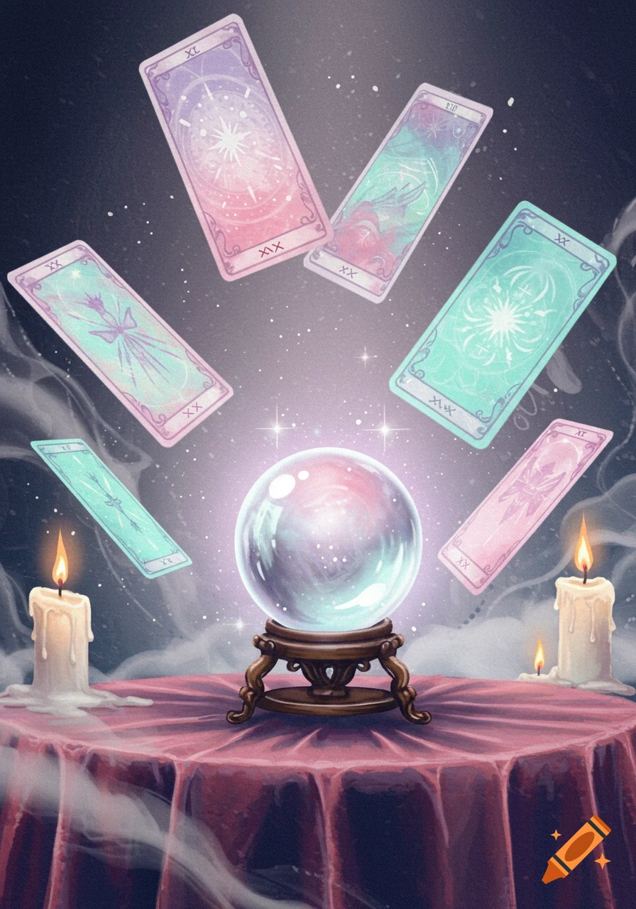 A watercolor pastel illustration of tarot cards floating around a glowing crystal ball on a red draped table with candles.