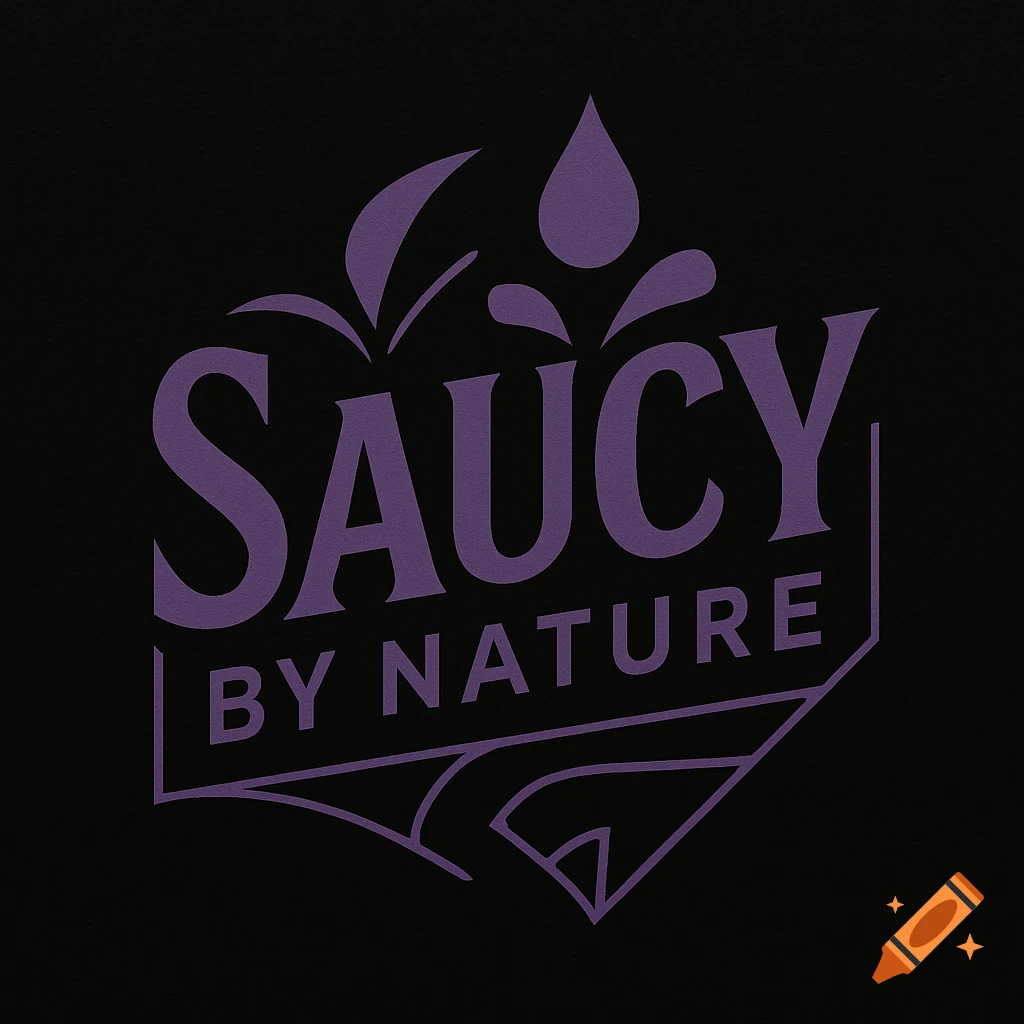 A purple logo on a black background for "Saucy by Nature" with decorative leaves and water drops.