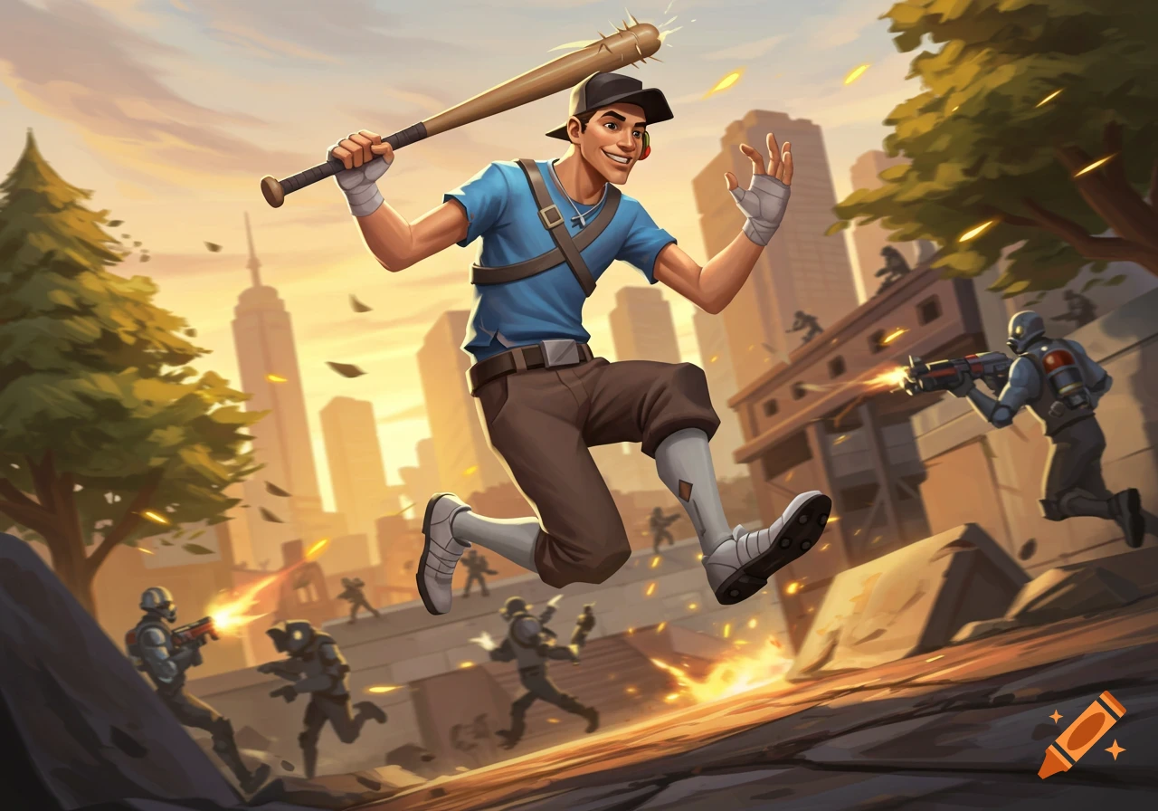 Stylized depiction of Team Fortress 2's Scout jumping with a baseball bat in a cityscape battle at sunset, surrounded by other characters.