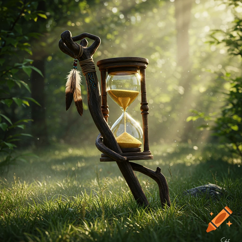 A decorative wooden staff with feathers and an integrated hourglass stands in a sunlit forest, dappled light on the grass.