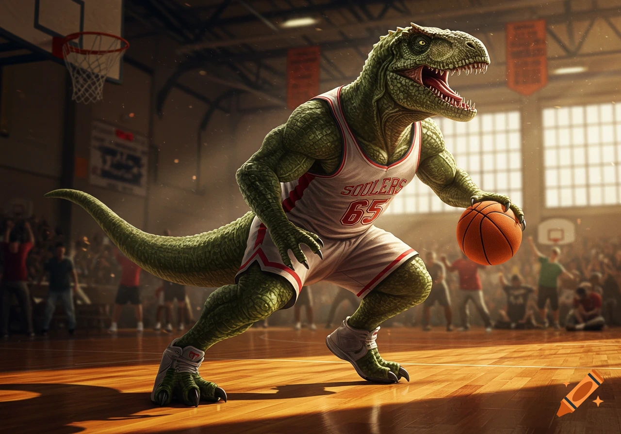 A muscular, green T-Rex dinosaur in a white 'SOULERS 65' basketball jersey dribbles a ball on a court in a packed arena.
